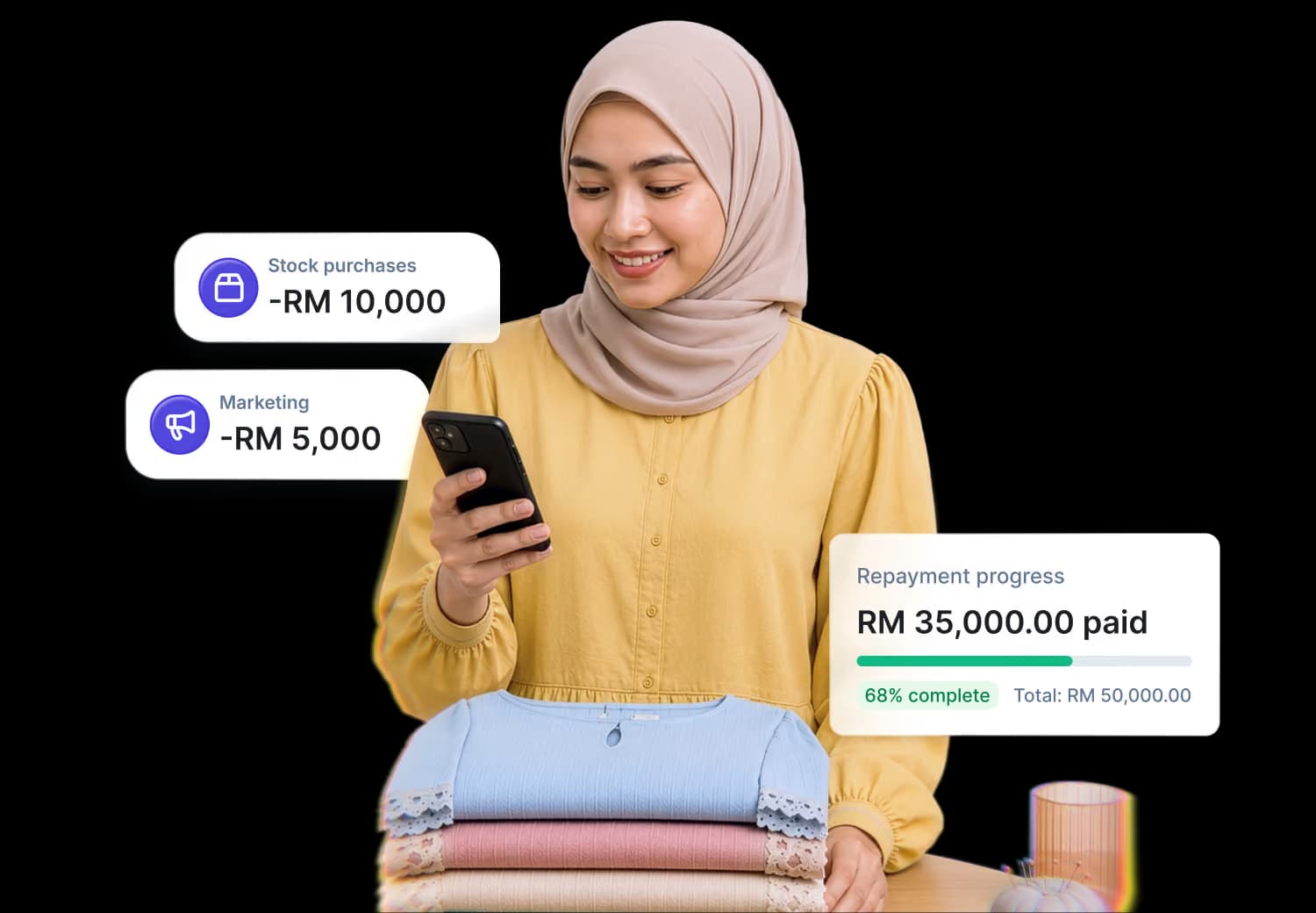 Woman in beige hijab checks phone while man in apron pours latte art in a white cup.
