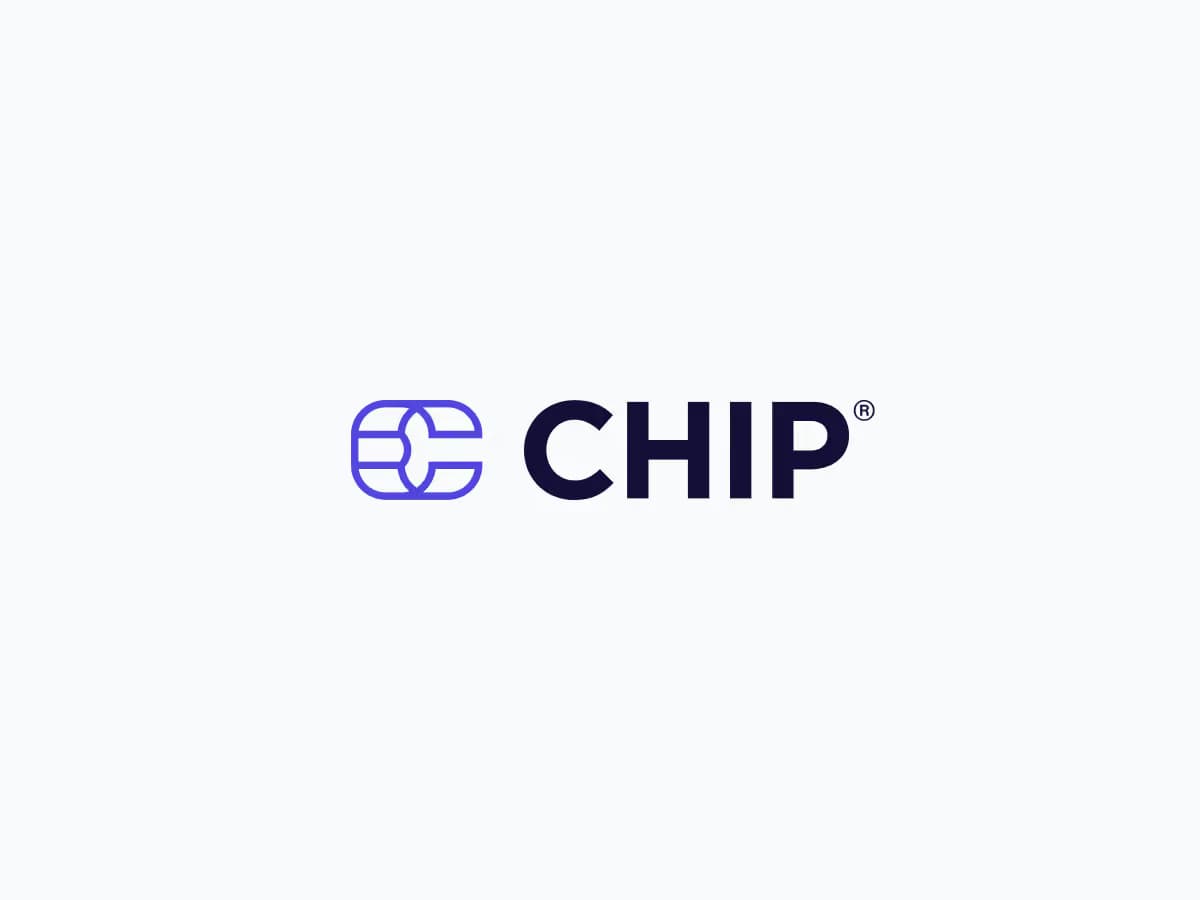 CHIP brand logo with stylized blue chip card icon on the left and black text on a white background.