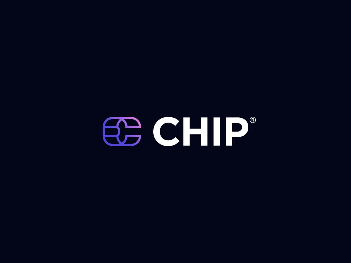 CHIP logo with a stylized chip icon in gradient purple and pink on a dark background.