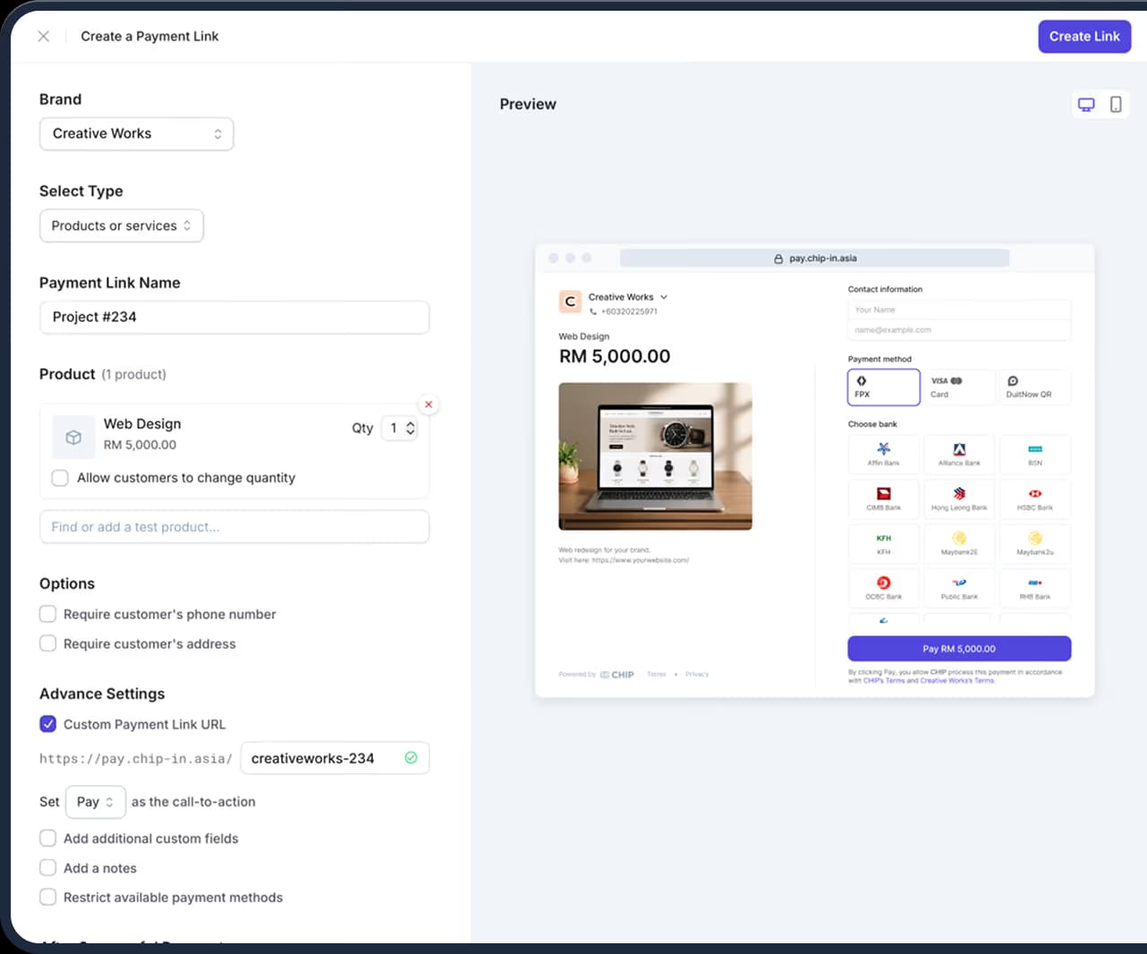 A payment link editor page showing options to customize how the payment link page will look like.