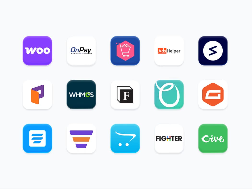 Grid of 15 colorful app logos for various online platforms and tools against white background.