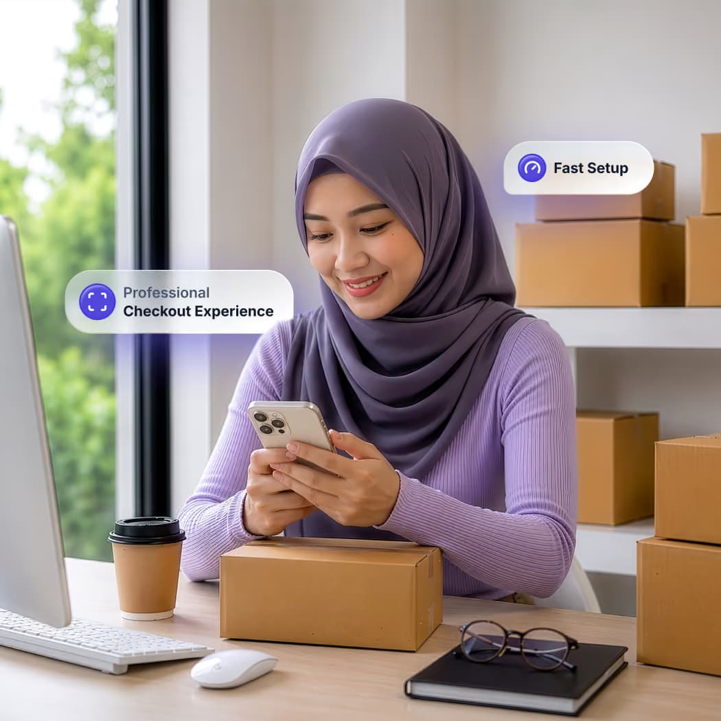 A woman looking down at her phone in an office with pop-up text that says professional checkout experience and fast setup.