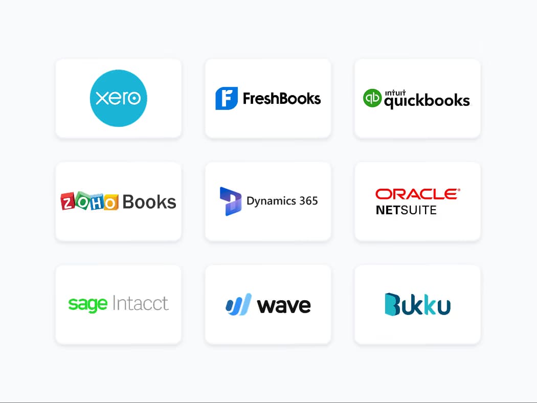 Grid of logos for Xero, FreshBooks, QuickBooks, Zoho Books, Dynamics 365, Oracle NetSuite, Sage Intacct, Wave, and Bukku.