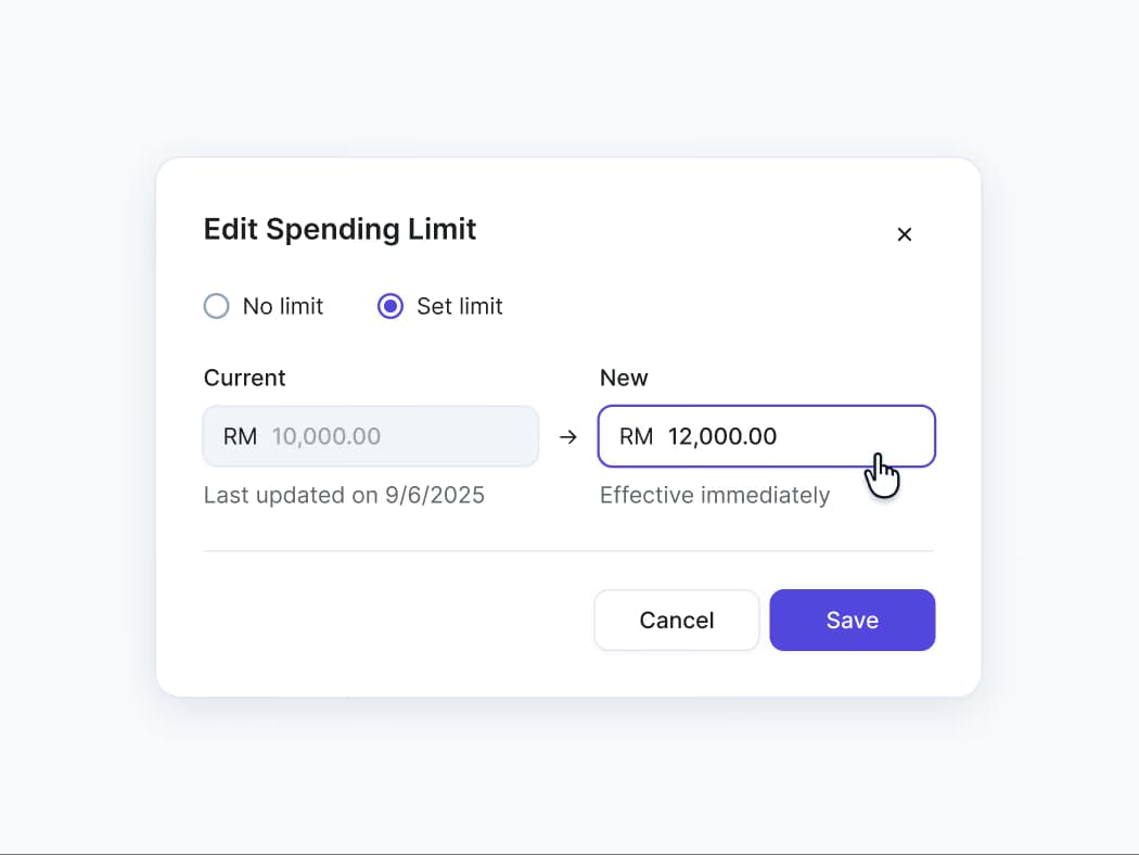 Dialog box to edit spending limit from RM 10,000 to RM 12,000 with cancel and save buttons.