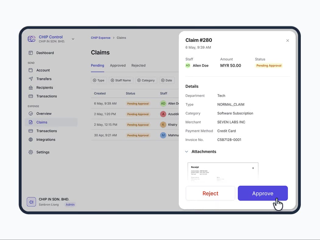 Expense claims dashboard shows pending approval status with option to approve or reject a software subscription claim.