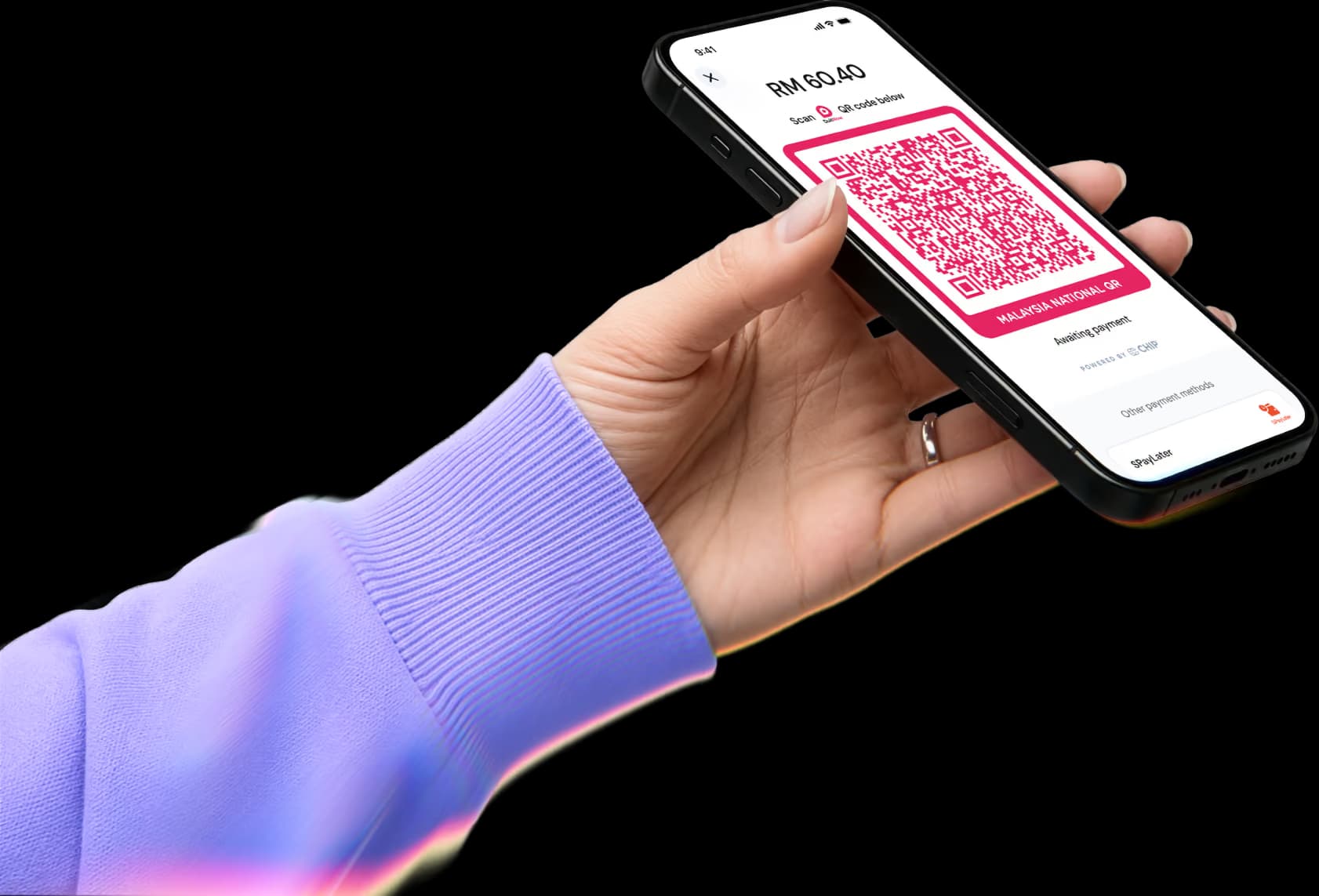 Hand holding phone displaying a payment screen with QR code and amount RM 60.40 awaiting payment.