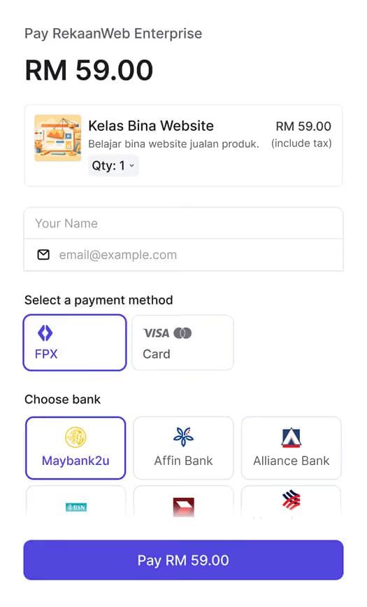 Online payment form showing RM 59 for Kelas Bina Website with options to pay via FPX or card and choose bank.
