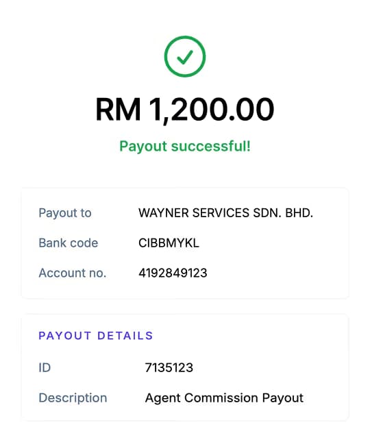 Payment confirmation showing RM 1,200 payout successful to Wayner Services bank account with payout details.