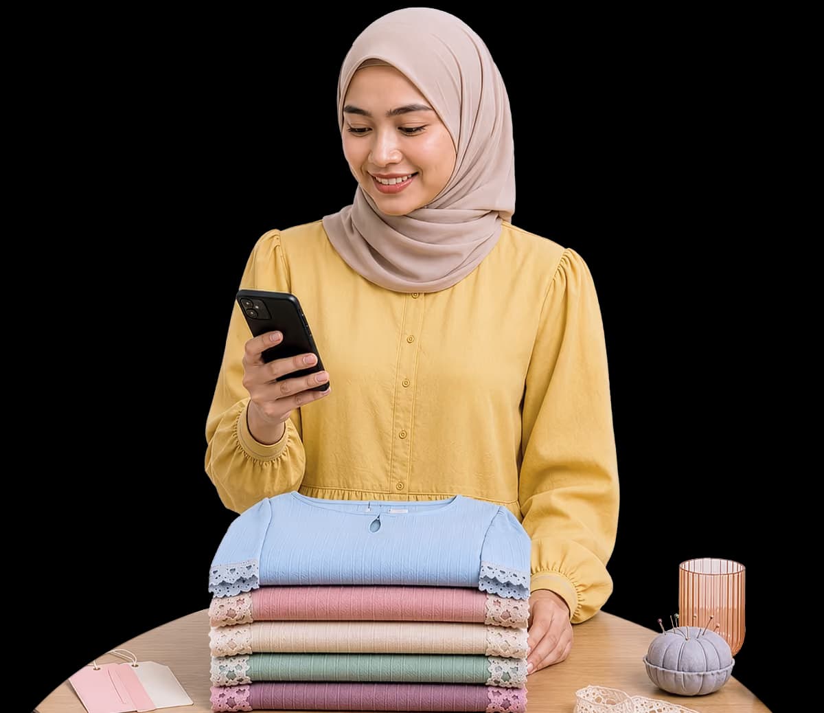 Woman wearing a beige hijab and yellow blouse holding a phone, standing behind folded clothes on a table.