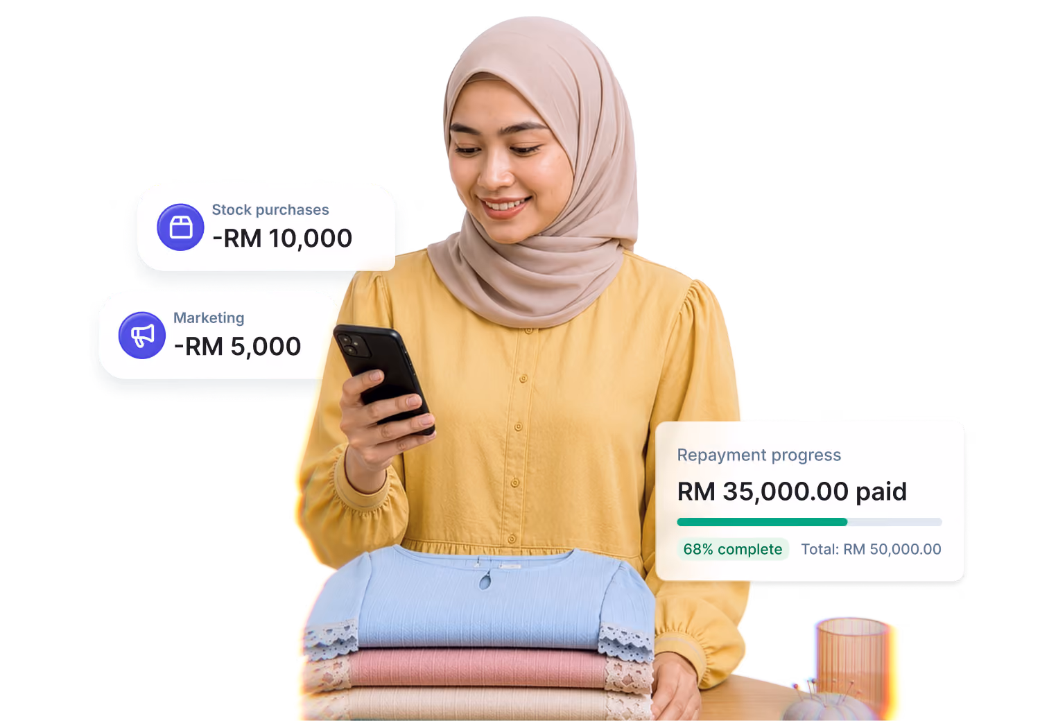 Woman in beige hijab checks phone while man in apron pours latte art in a white cup.