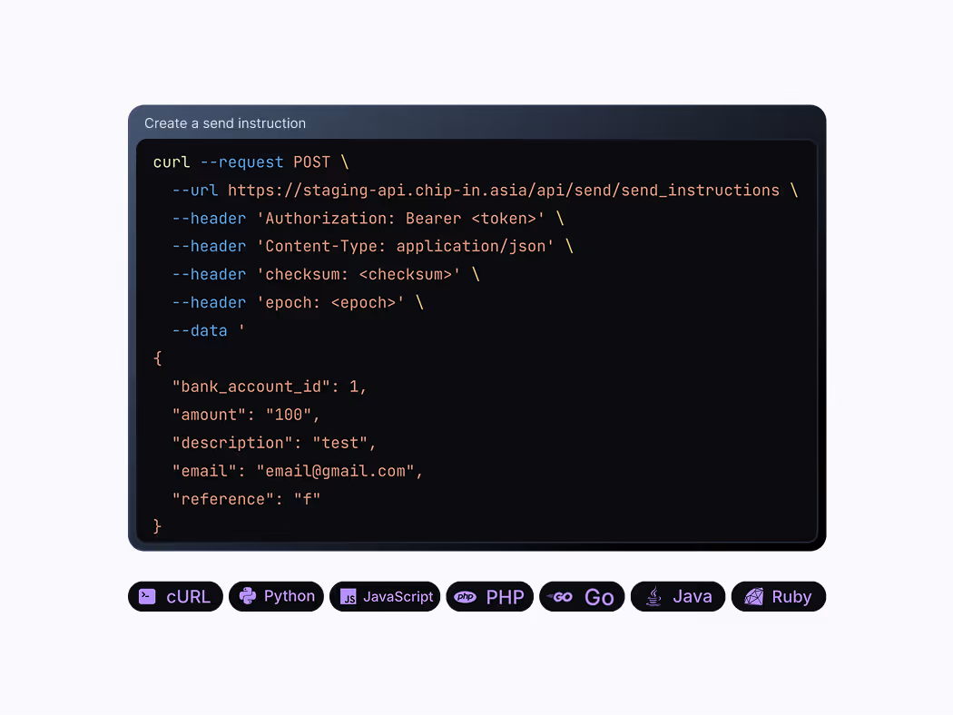 Code snippet showing a cURL POST request to an API with JSON data for a bank transfer instruction.