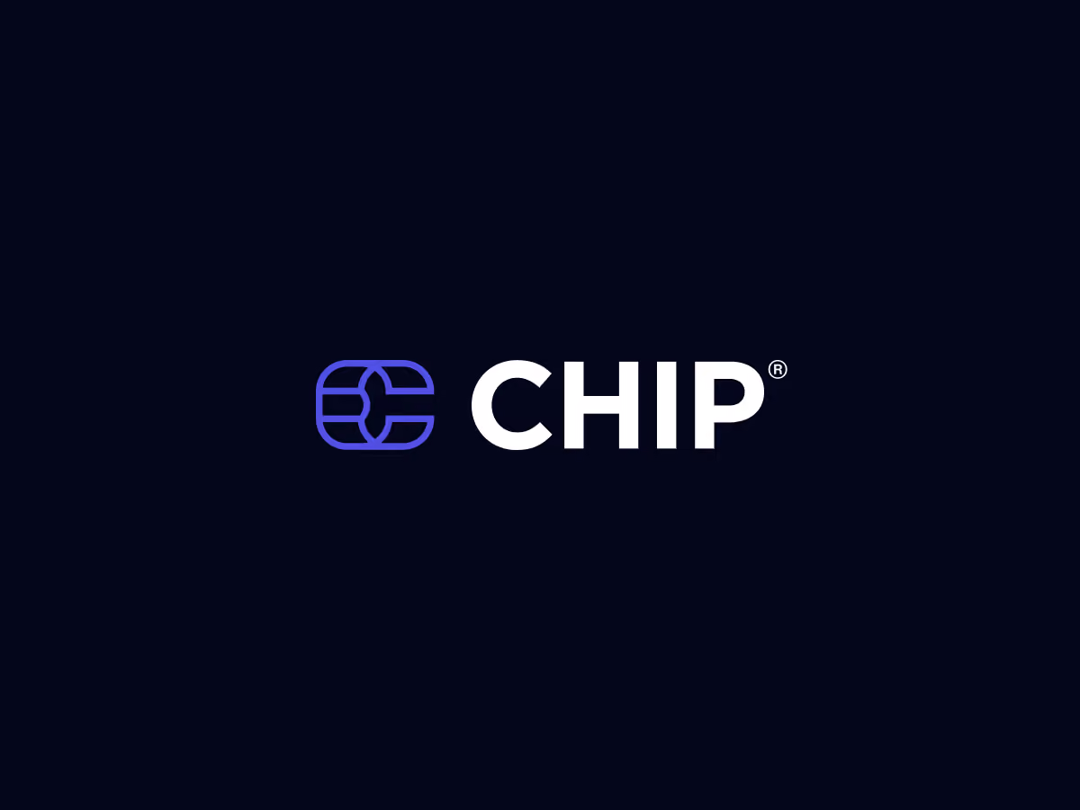 CHIP logo with a stylized blue chip icon to the left on a dark background.