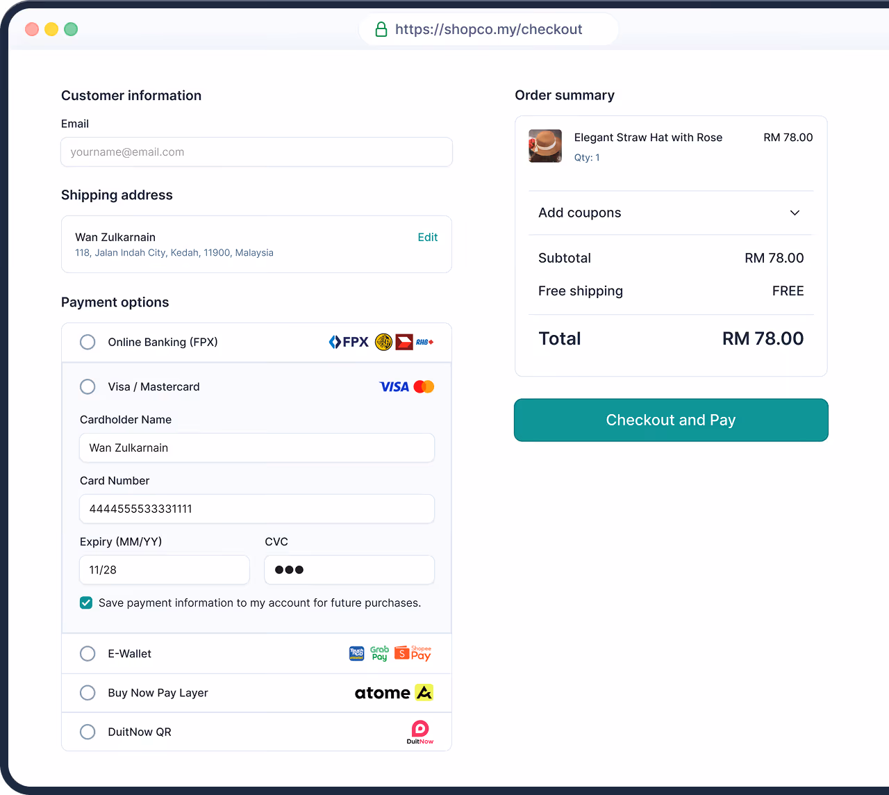 A checkout page showing CHIP payments method integration