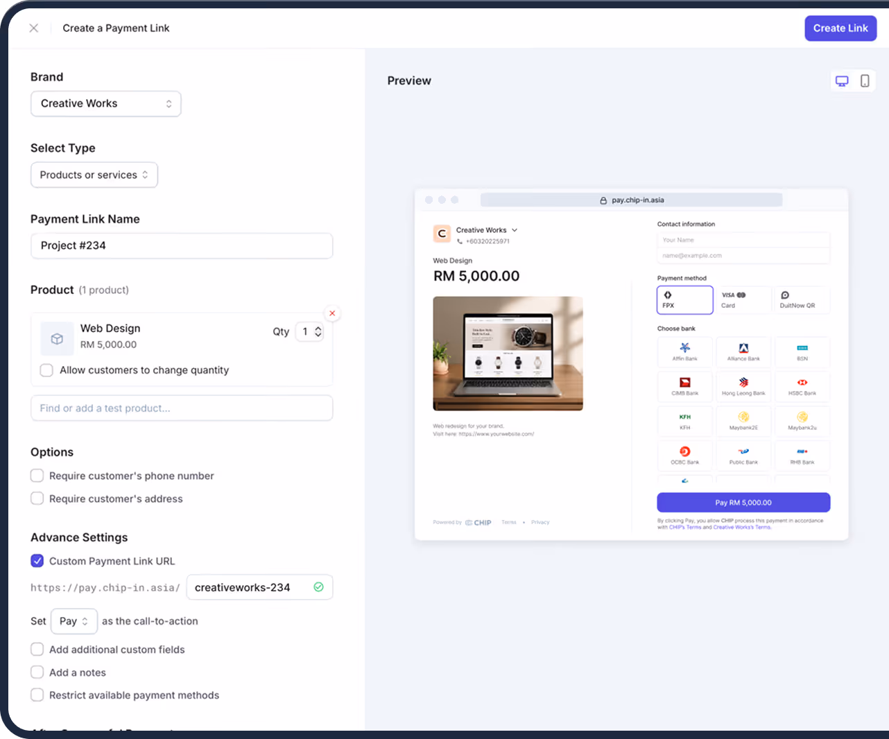 A payment link editor page showing options to customize how the payment link page will look like.