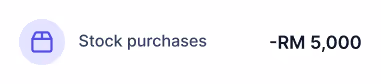 Financial transaction labeled Stock purchases with an amount of minus RM 5,000.
