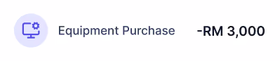 Notification for equipment purchase showing an expense of RM 3,000 with a computer monitor and gear icon.