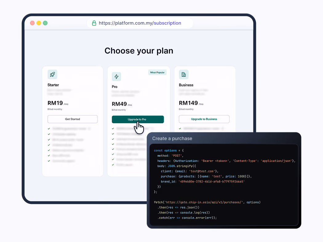 Webpage showing subscription plans Starter RM19, Pro RM49, Business RM149 with code snippet for creating a purchase.