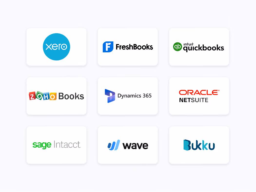 Grid of logos for Xero, FreshBooks, QuickBooks, Zoho Books, Dynamics 365, Oracle NetSuite, Sage Intacct, Wave, and Bukku.