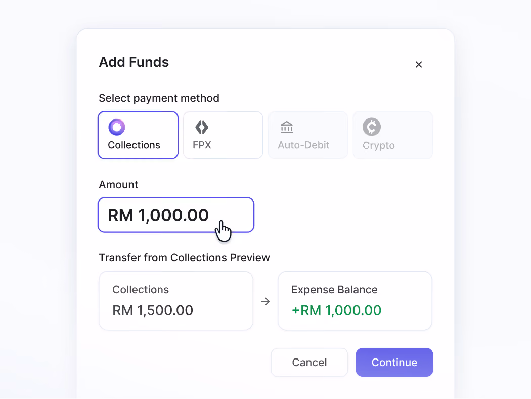 Add funds interface showing Collections payment method selected with RM 1,000 amount and transfer preview details.