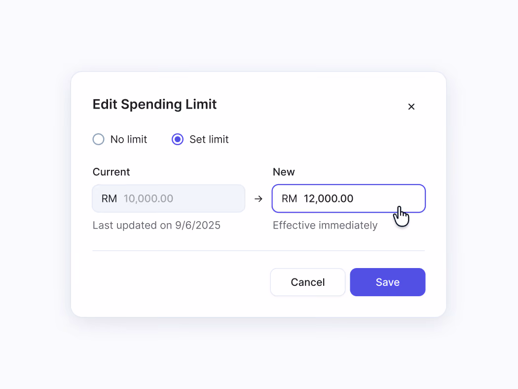 Dialog box to edit spending limit from RM 10,000 to RM 12,000 with cancel and save buttons.
