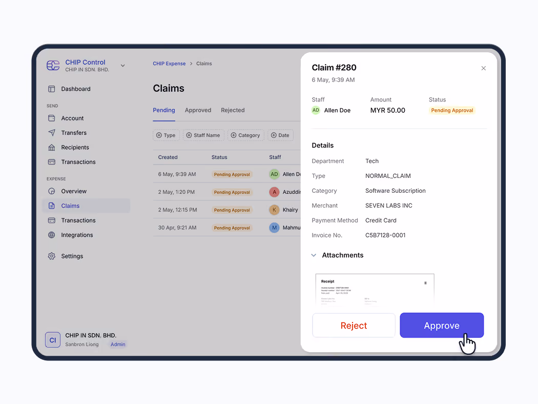 Expense claims dashboard shows pending approval status with option to approve or reject a software subscription claim.