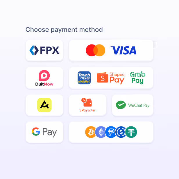 Let customers pay with FPX, DuitNow QR, cards, PayLater, eWallets and stablecoins.