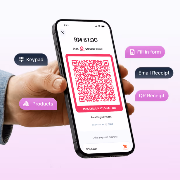 CHIP mini app showing DuitNow QR code ready for customer to scan.