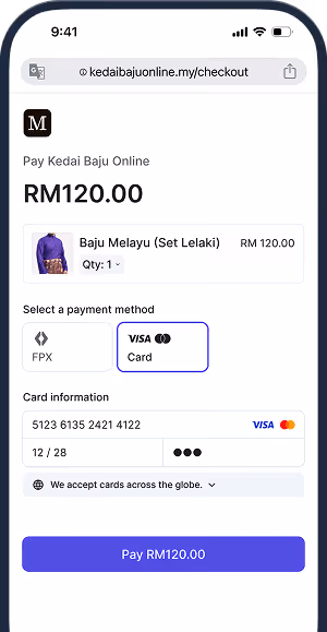 Mobile checkout screen showing payment for Baju Melayu set costing RM120.00, with card payment selected and card details partially filled.