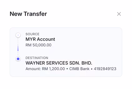 New Transfer screen showing a recipient named EJEN DIGITAL SDN. BHD. with Maybank account number, transfer amount set at 1,000 MYR, and buttons to cancel or continue.