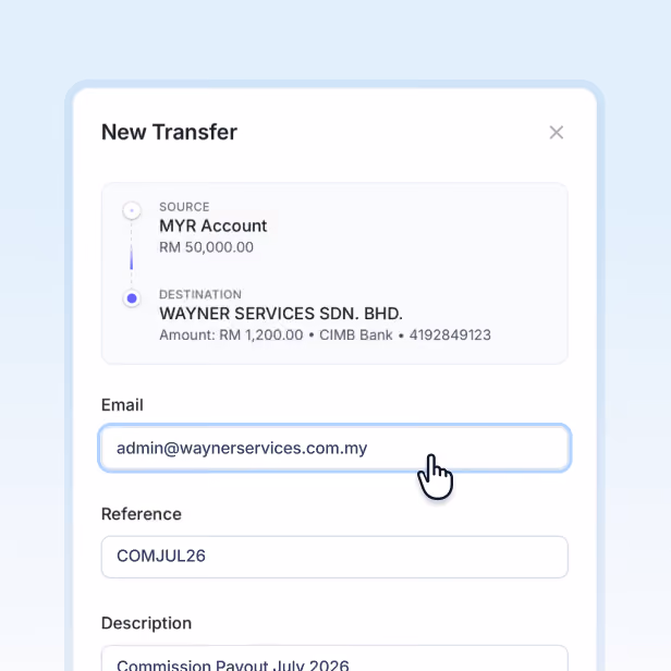 Transfer funds to your bank and send payouts to partners, vendors, or affiliates.