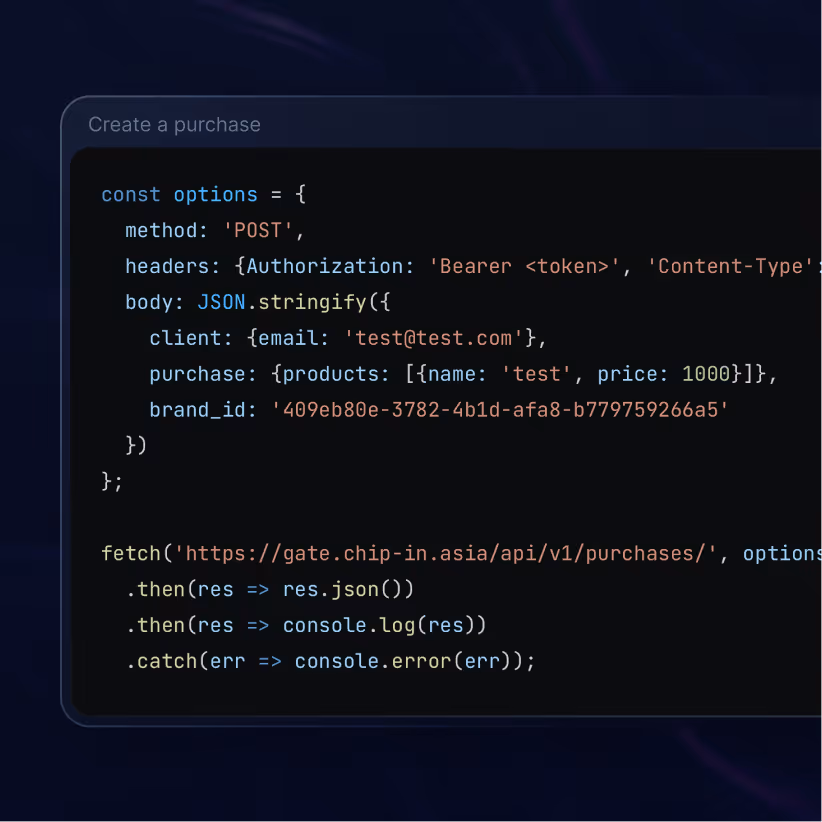 A code to Create a purchase via CHIP API