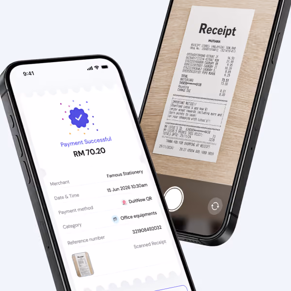 Smartphone showing successful RM70.20 payment for Famous Stationery and receipt scanning with another phone.