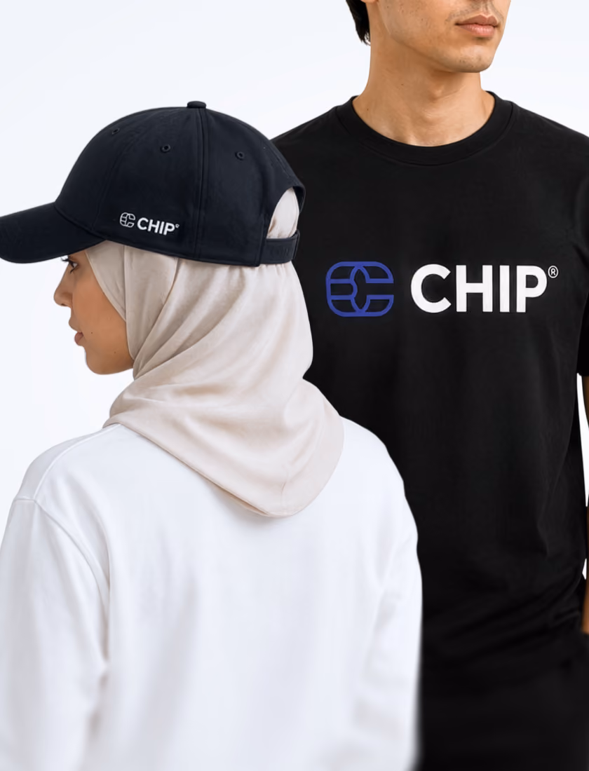 CHIP swags showing black cap and shirt.