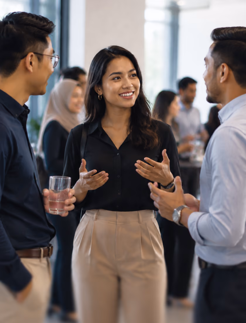 A woman appearing to talk to two men in a conference event.