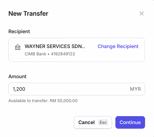 New transfer screen showing recipient WAYNER SERVICES SDN at CIMB Bank, amount 1,200 MYR, with Cancel and Continue buttons.