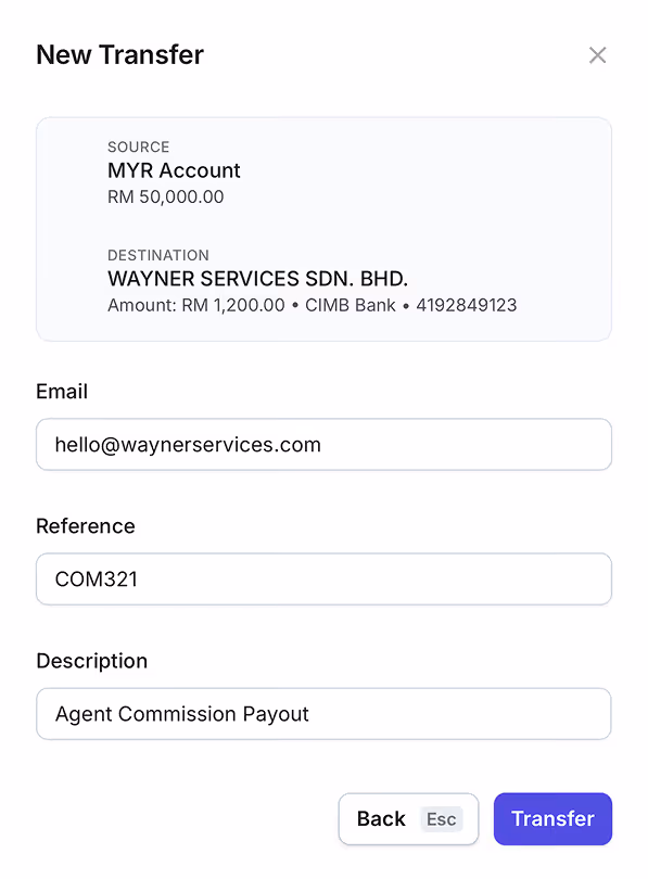 New transfer form showing source MYR account with RM 50,000 and destination WAYNER SERVICES SDN. BHD. for RM 1,200.
