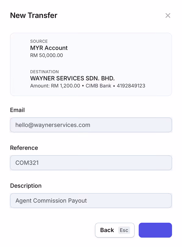 New transfer form from MYR Account with RM 50,000 balance to WAYNER SERVICES SDN. BHD., RM 1,200 via CIMB Bank.